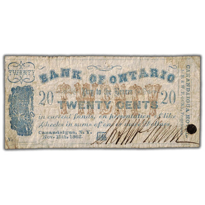 United States Bank of Ontario 1862 20 Twenty Cents Note - Circulated