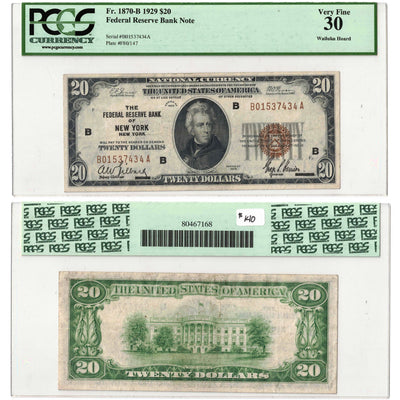 SOLD United States 1929 New York $10 Federal Reserve Note FR #1870b - PCGS VF-30