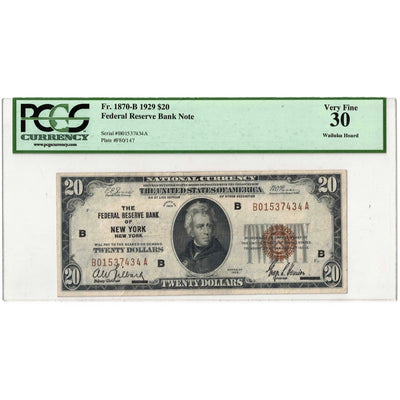 SOLD United States 1929 New York $10 Federal Reserve Note FR #1870b - PCGS VF-30