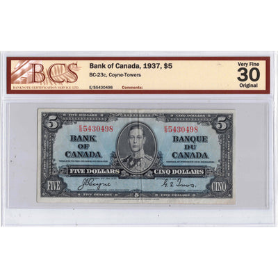 $5 1937 Bank of Canada Note Coyne-Towers E/S Prefix BC-23c - BCS VF-30