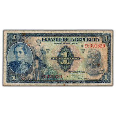 Colombia 1947 1 One Peso Note P #380e - Light Rust Spots