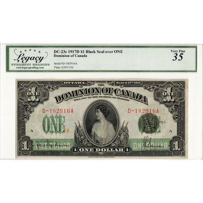 $1 1917 Dominion of Canada Note Saunders Seal over ONE Series D DC-23c - Legacy VF-35