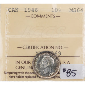 SOLD Canada 1946 10 Cents Dime Silver Coin - ICCS MS-64