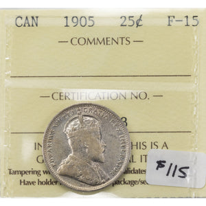 SOLD Canada 1905 25 Cents Quarter Silver Coin - ICCS F-15