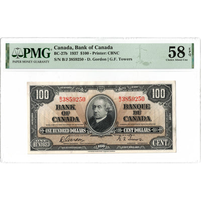 SOLD $100 1937 Bank of Canada Note Gordon-Towers B/J Prefix BC-27b - PMG AU-58 EPQ
