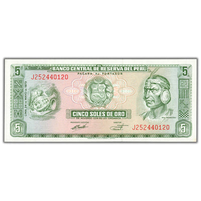 SOLD Peru 1973 5 Soles Note P #99c - Choice UNC