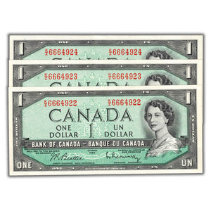 SOLD $1 1954 Bank of Canada Notes K/Z Prefix BC-37b-i - 3 Consecutive - AU/UNC