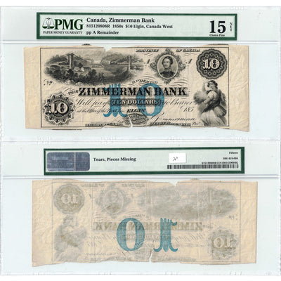 $10 1850's Zimmerman Bank Canada Chartered Note Remainder #815-12-08-08R - PMG F-15 Net