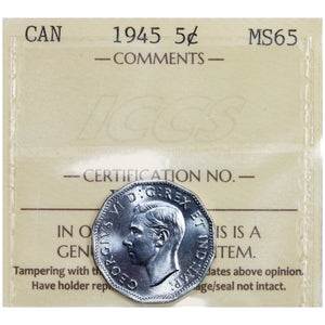 Canada 1945 5 Cents Nickel Coin - ICCS MS-65