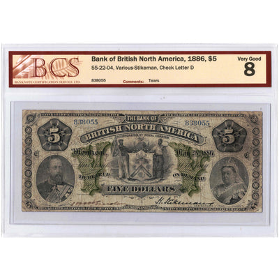 SOLD $5 1886 Bank of British North America Note #55-22-04 - BCS VG-8