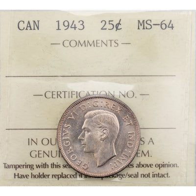 SOLD Canada 1943 25 Cents Quarter Silver Coin - ICCS MS-64
