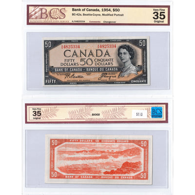 SOLD $50 1954 Bank of Canada Note Beattie-Coyne A/H Prefix BC-42a - BCS VF-35