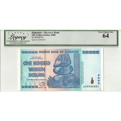 SOLD Zimbabwe 2008 100 Trillion Dollars Note P #91 - Legacy UNC-64