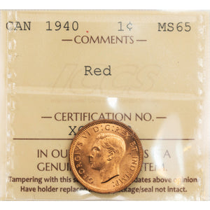 SOLD Canada 1940 1 Small Cent Coin - ICCS MS-65 Red