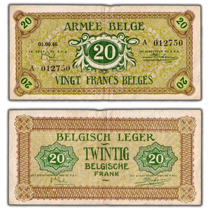 SOLD Belgian Army 1946 20 Francs Note P #M5