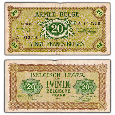 SOLD Belgian Army 1946 20 Francs Note P #M5