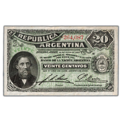 Argentina 1895 20 Twenty Centavos Note P #229a - Minor Staining