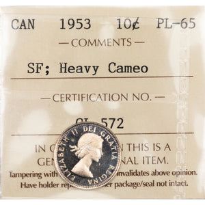 SOLD Canada 1953 SF 10 Ten Cents Silver Coin - ICCS Proof-Like PL-65 Heavy Cameo