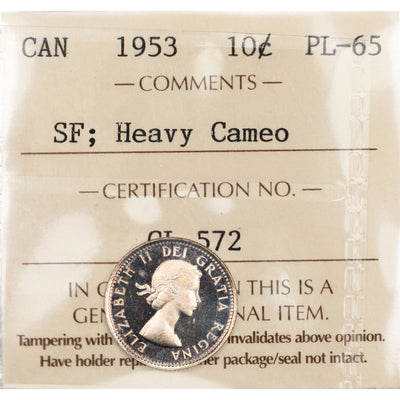 SOLD Canada 1953 SF 10 Ten Cents Silver Coin - ICCS Proof-Like PL-65 Heavy Cameo