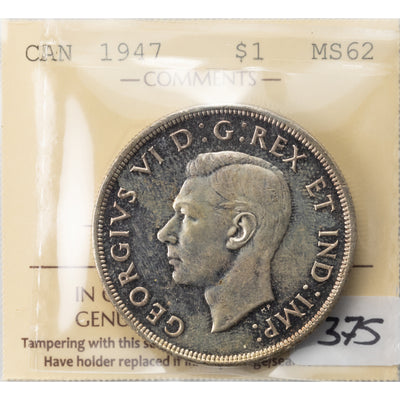 SOLD Canada 1947 Blunt 7 $1 Silver Dollar Coin - ICCS MS-62
