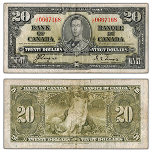 SOLD $20 1937 Bank of Canada Note Coyne-Towers J/E Prefix BC-25c - Two Tears