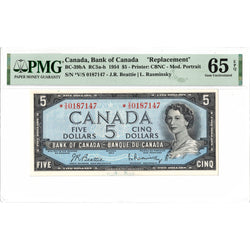 SOLD $5 1954 Bank of Canada Note *V/S Replacement Prefix BC-39bA - PMG Gem UNC-65 EPQ