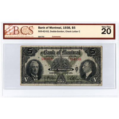 $5 1938 Bank of Montreal Canada Chartered Note #505-62-02 - BCS VF-20