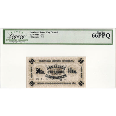 Latvia Libava City Council 1915 50 Kopeks Note - Legacy Gem UNC-66 PPQ