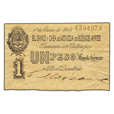 SOLD Argentina El Banco Y Casa De Moneda De Buenos Aires 1864 1 One Peso Note