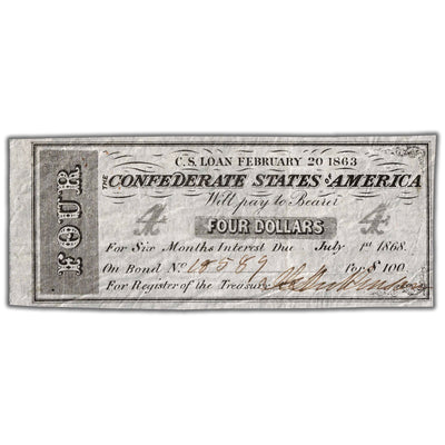 United States 1868 $4 Four Dollars Bond Coupon - Circulated