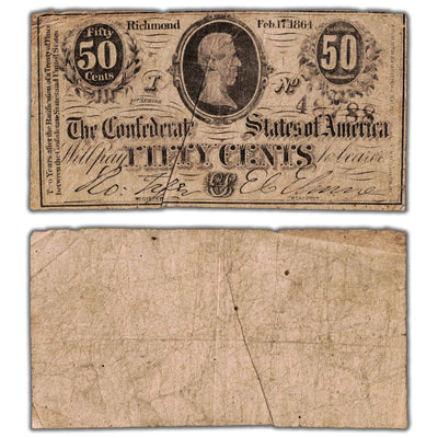 United States 1864 Confederate States of America 50 Fifty Cents Note - Circulated