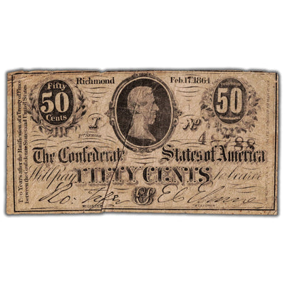 United States 1864 Confederate States of America 50 Fifty Cents Note - Circulated