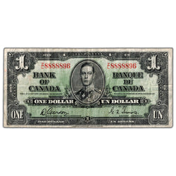 $1 1937 Bank of Canada Note Z/L Prefix Near Solid Serial BC-21c - Circulated