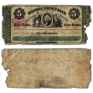 SOLD United States 1862 Monroe County Bank Rochester, NY 5 Five Cents Note - Damaged