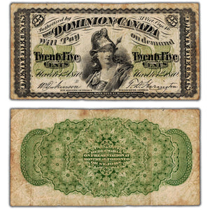 25 Cents 1870 Dominion of Canada Shinplaster Note Large Letter 'B' DC-1b - F/VF