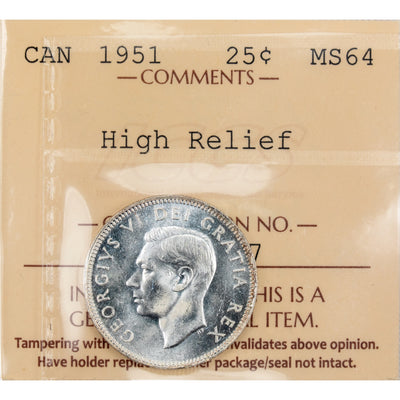 Canada 1951 High Relief 25 Cents Quarter Silver Coin - ICCS MS-64