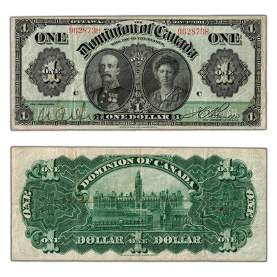 SOLD $1 1911 Dominion of Canada Note Green Line Series H DC-18c - VF