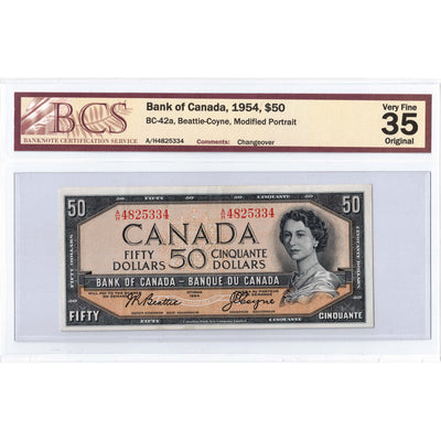 SOLD $50 1954 Bank of Canada Note Beattie-Coyne A/H Prefix BC-42a - BCS VF-35