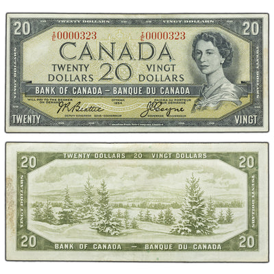 SOLD $20 1954 Bank of Canada Note Beattie-Coyne I/E Prefix BC-41a - Low Serial