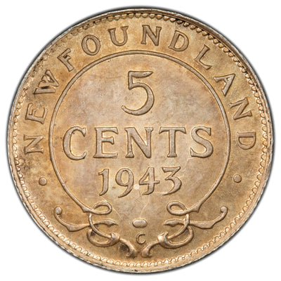 Newfoundland 1943-C 5 Cents Silver Coin - Prominent Reverse Die Clash - UNC
