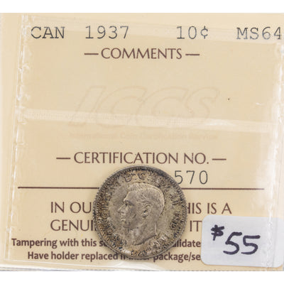Canada 1937 10 Cents Dime Silver Coin - ICCS MS-64
