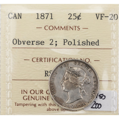 SOLD Canada 1871 Obv 2 25 Cents Quarter Silver Coin - ICCS VF-20 (polished)