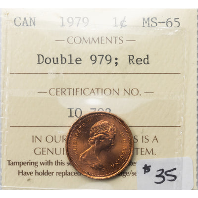 SOLD Canada 1979 Double 979 1 Small Cent Coin - ICCS MS-65 Red