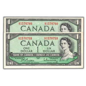 SOLD $1 1954 Bank of Canada Notes D/Z Prefix BC-37b-i - 2 Consecutive - AU+