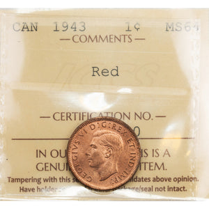 SOLD Canada 1943 1 Small Cent Coin - ICCS MS-64 Red