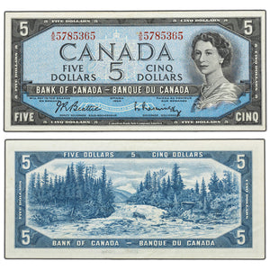 SOLD $5 1954 Bank of Canada Note Beattie-Rasminsky A/S Prefix BC-39b - EF