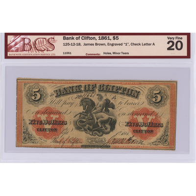 SOLD $5 1861 Bank of Clifton Canada Note #125-12-18 - BCS VF-20
