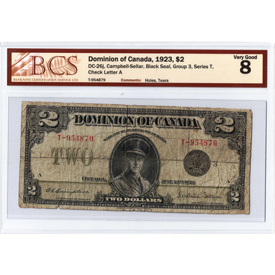 SOLD $2 1923 Dominion of Canada Note Black Seal Series T DC-26j - BCS VG-8