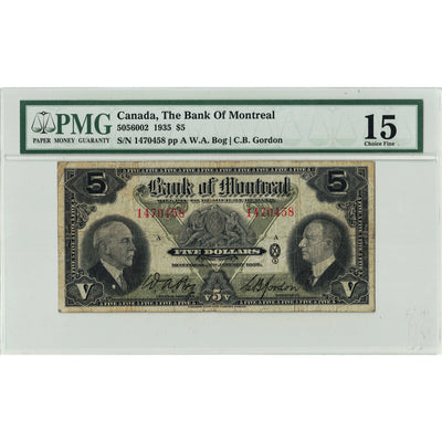 SOLD $5 1935 Bank of Montreal Canada Chartered Note #505-60-02 - PMG F-15