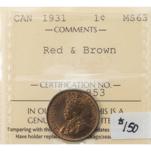 SOLD Canada 1931 1 Small Cent Coin - ICCS MS-63 RB